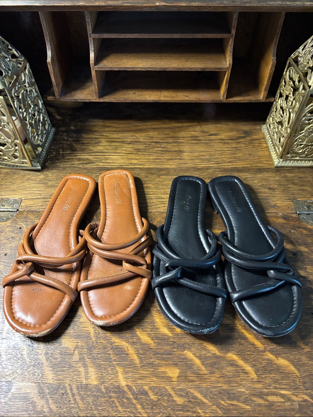 Madewell Brown and Black Leather Slide Sandals